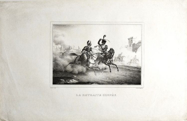 Lithographie Ancienne Par Engelmann  La Retraite coupée 19ème cheval arabe bataille