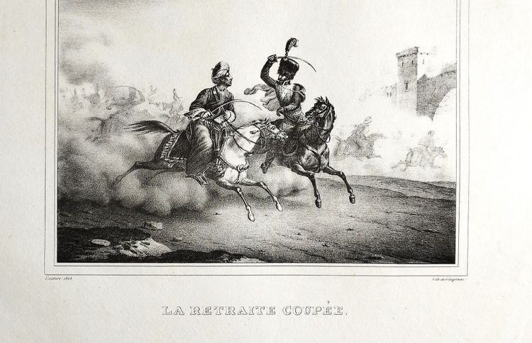 Lithographie Ancienne Par Engelmann  La Retraite coupée 19ème cheval arabe bataille