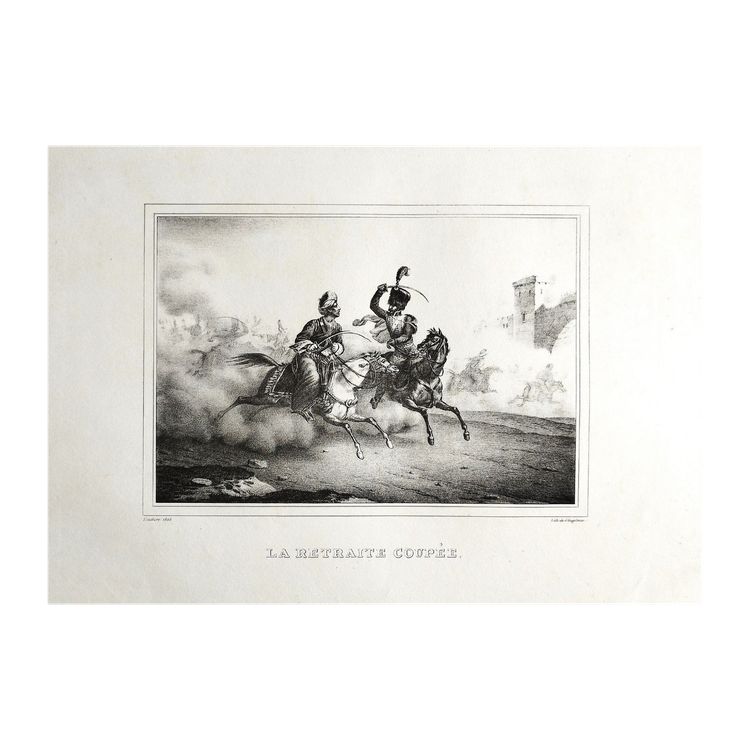 Lithographie Ancienne Par Engelmann  La Retraite coupée 19ème cheval arabe bataille