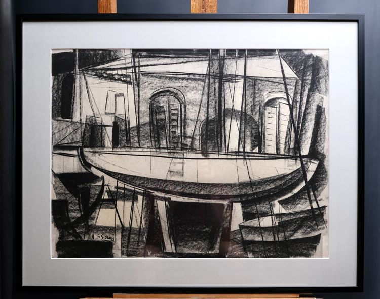 Disegno moderno a carboncino - Pierre St Sorny - Bateau sur cale - Arte moderna francese