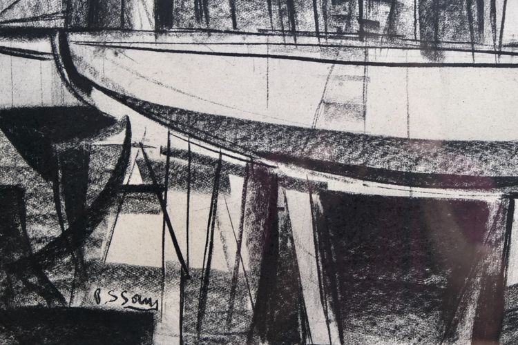 Disegno moderno a carboncino - Pierre St Sorny - Bateau sur cale - Arte moderna francese
