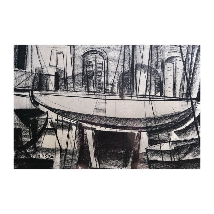 Disegno moderno a carboncino - Pierre St Sorny - Bateau sur cale - Arte moderna francese