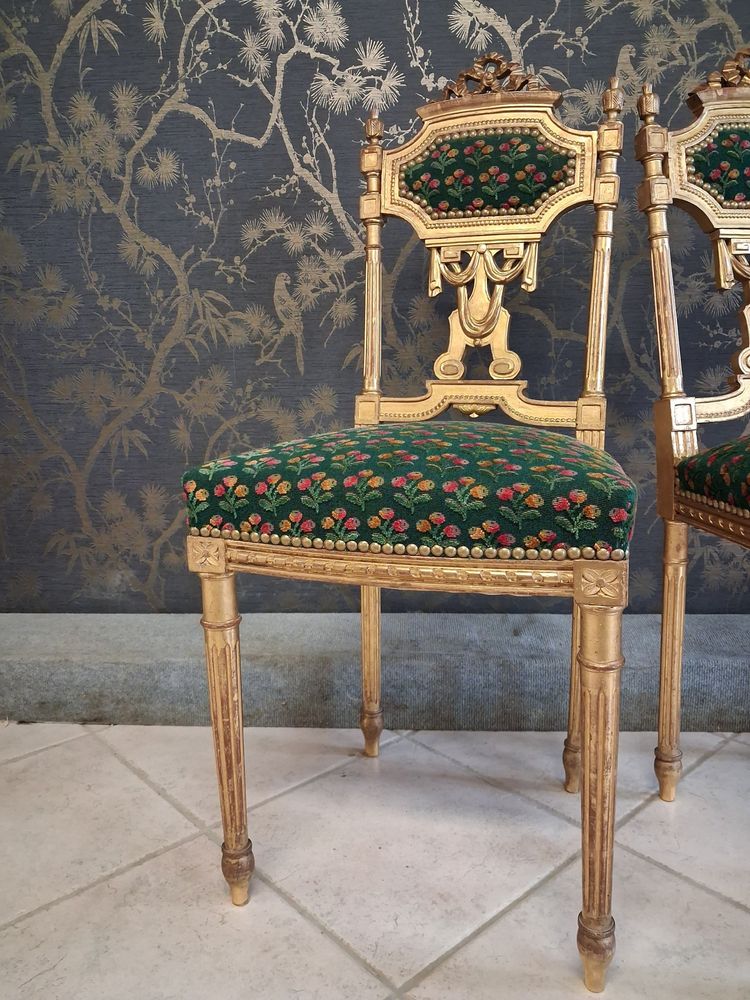 Coppia di sedie in legno dorato stile Luigi XVI XIX