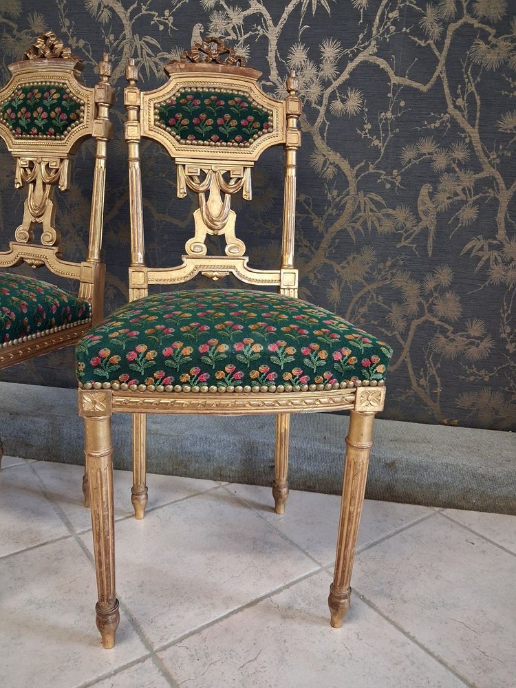 Coppia di sedie in legno dorato stile Luigi XVI XIX