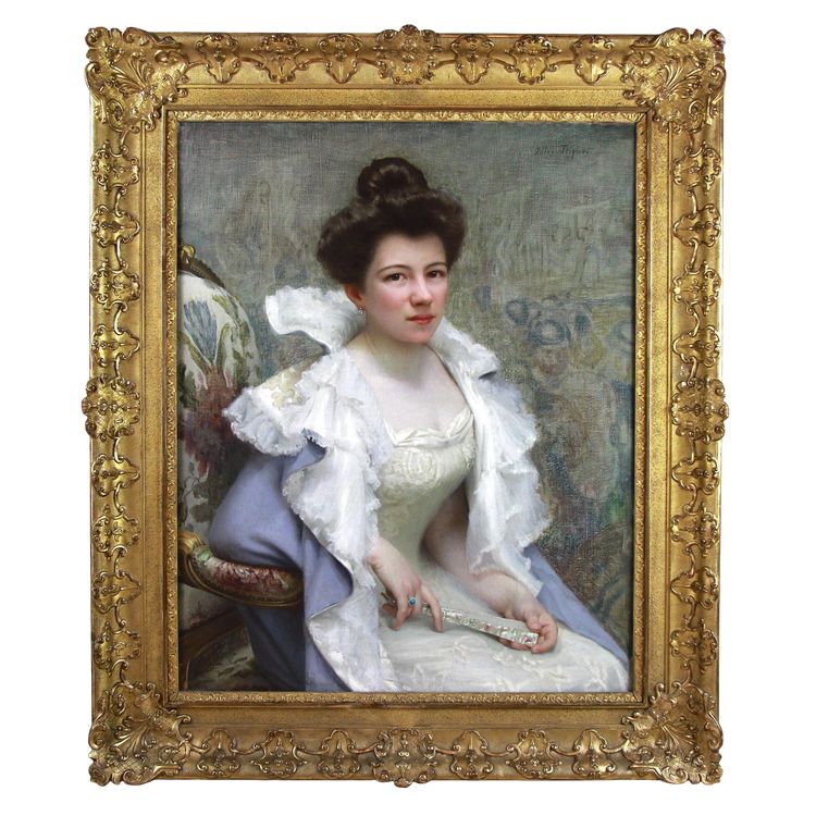 Öl auf Leinwand "jeune femme à l'éventail" von Jules Triquet