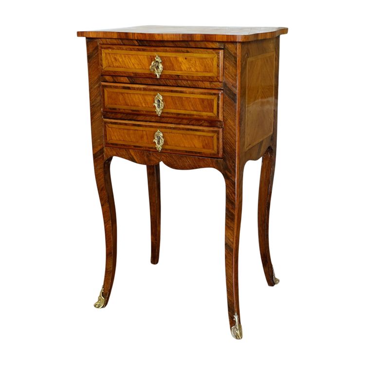 Table de salon chiffonnière ou chevet d'époque Louis XV en marqueterie