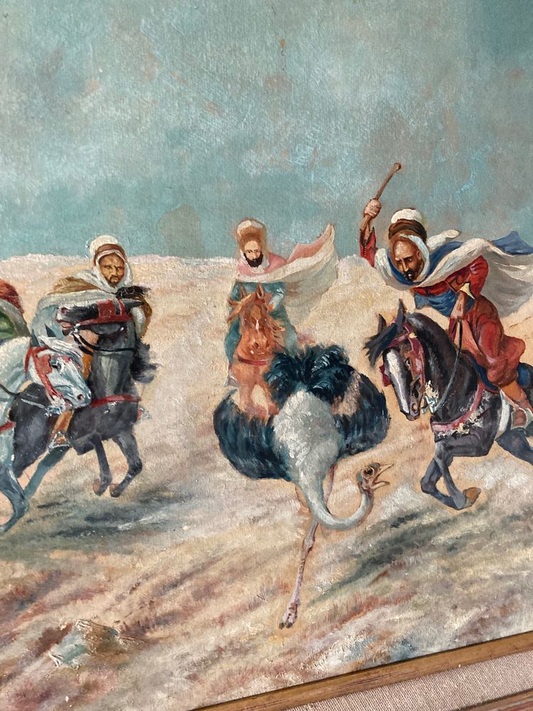 Orientalist painting ostrich hunting EARLY XXth CENTURY