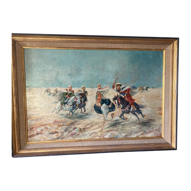 Orientalist painting ostrich hunting EARLY XXth CENTURY