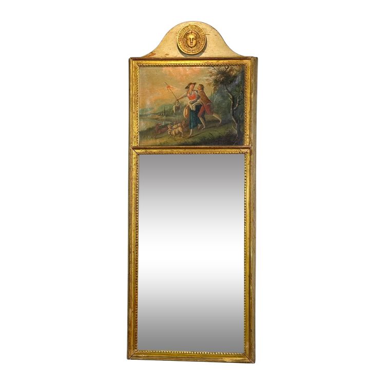 19th CENTURY EMPIRE STYLE LAMQUED AND GILDED WOOD TRUMP WITH A SHEPHERD DECORATIVE