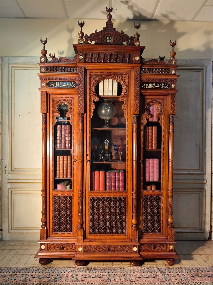 Orientalist 19th century walnut bookcase in the taste of pierre loti