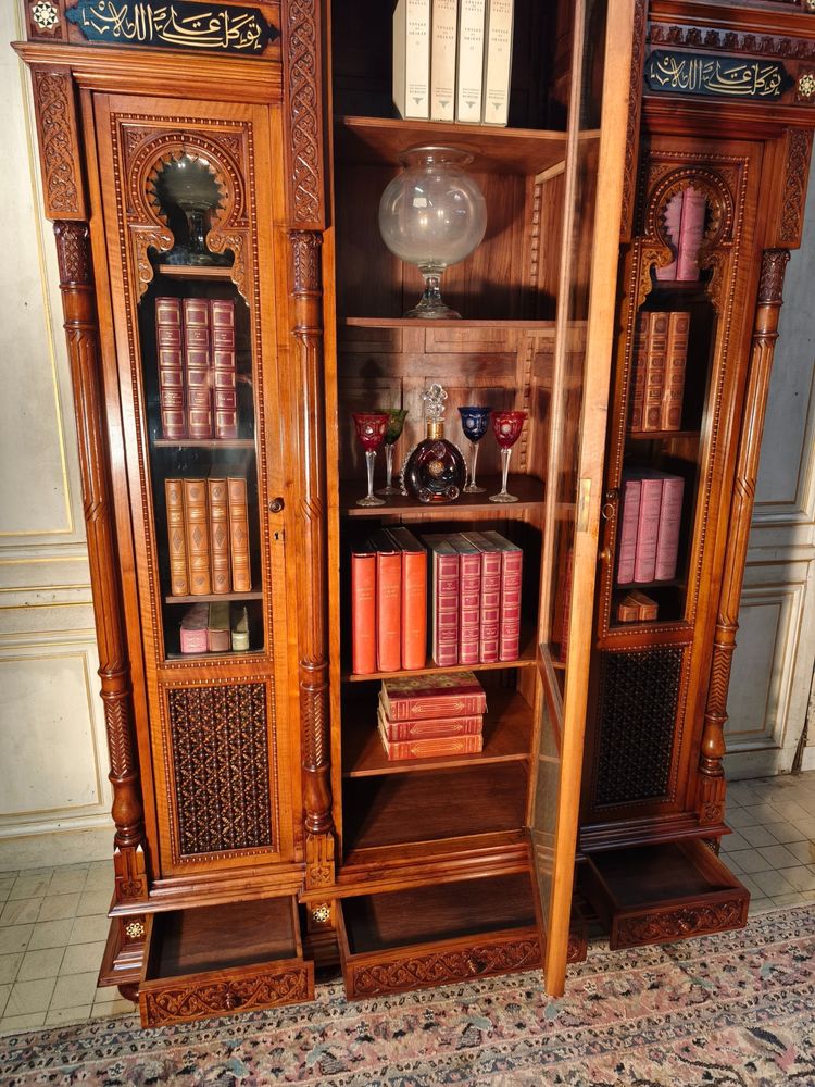 Orientalist 19th century walnut bookcase in the taste of pierre loti