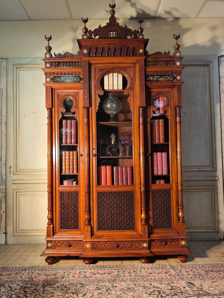 Orientalist 19th century walnut bookcase in the taste of pierre loti