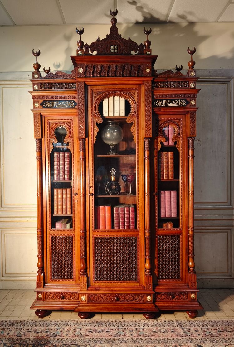Orientalist 19th century walnut bookcase in the taste of pierre loti