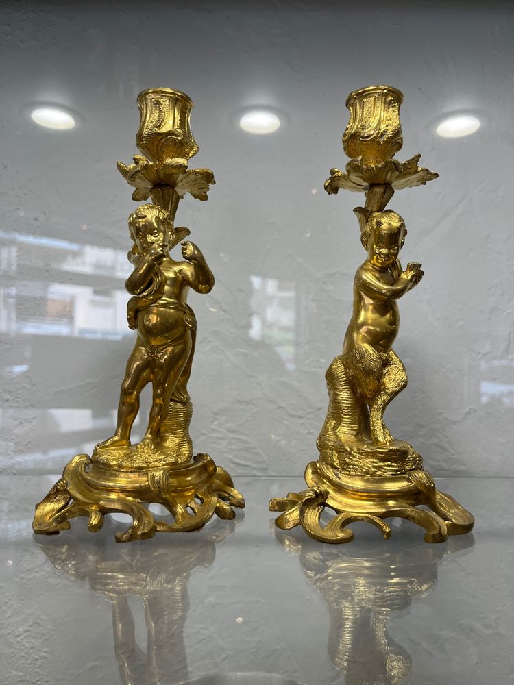 Pair of candlesticks - Fauns - gilt bronze - France - XIXth C