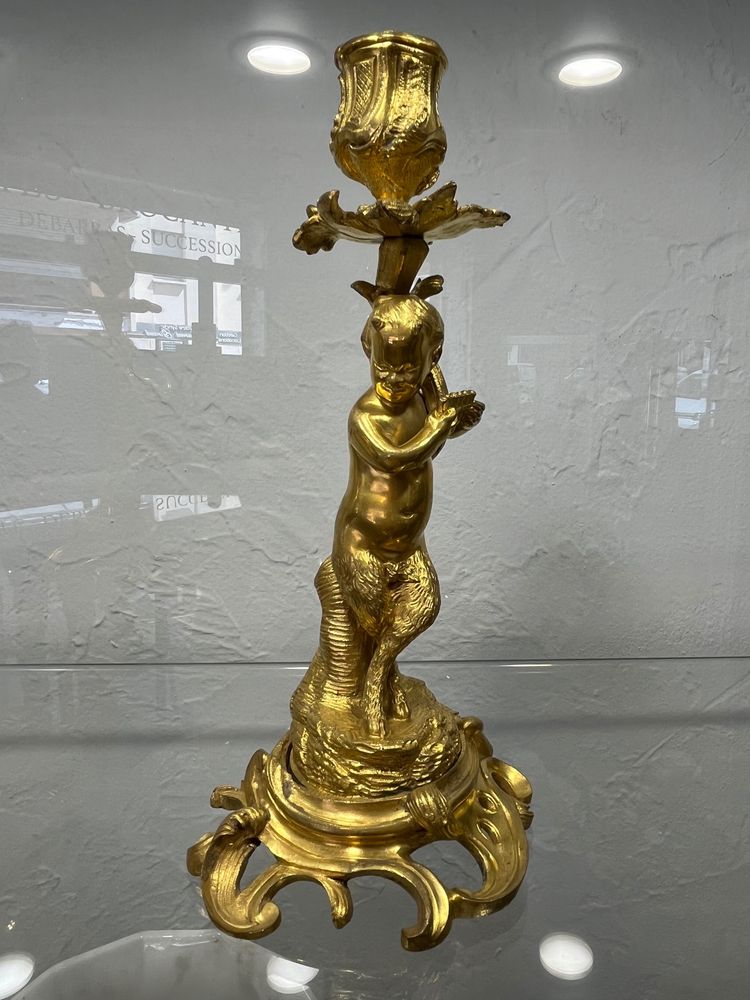 Pair of candlesticks - Fauns - gilt bronze - France - XIXth C