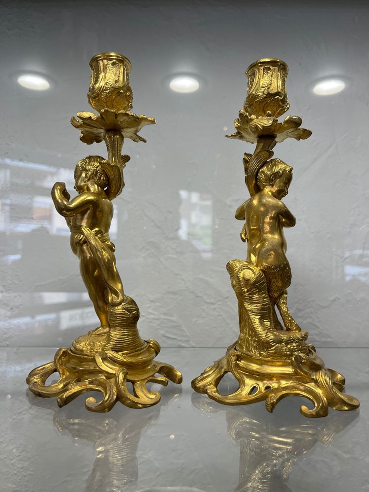Pair of candlesticks - Fauns - gilt bronze - France - XIXth C
