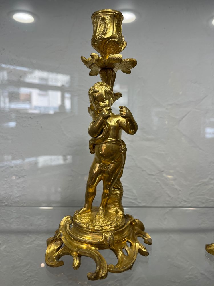 Pair of candlesticks - Fauns - gilt bronze - France - XIXth C