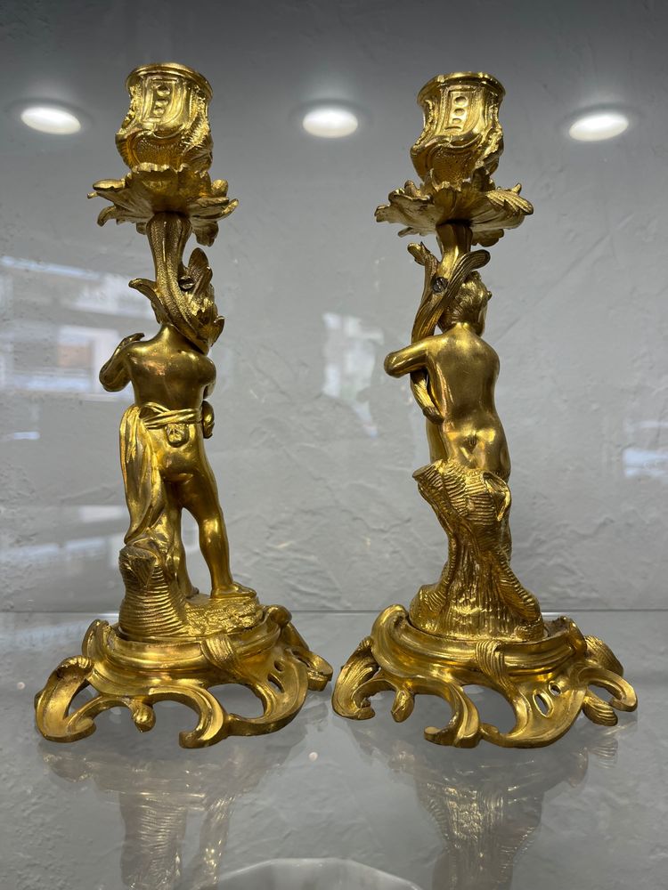 Pair of candlesticks - Fauns - gilt bronze - France - XIXth C