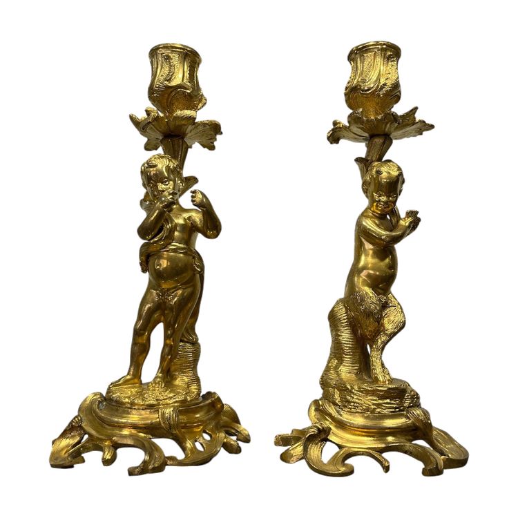 Pair of candlesticks - Fauns - gilt bronze - France - XIXth C