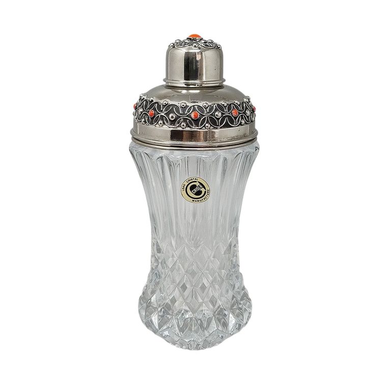 Superbe shaker à cocktail en cristal taillé des années 1960, décoré de coraux rouges. Fabriqué en Italie.