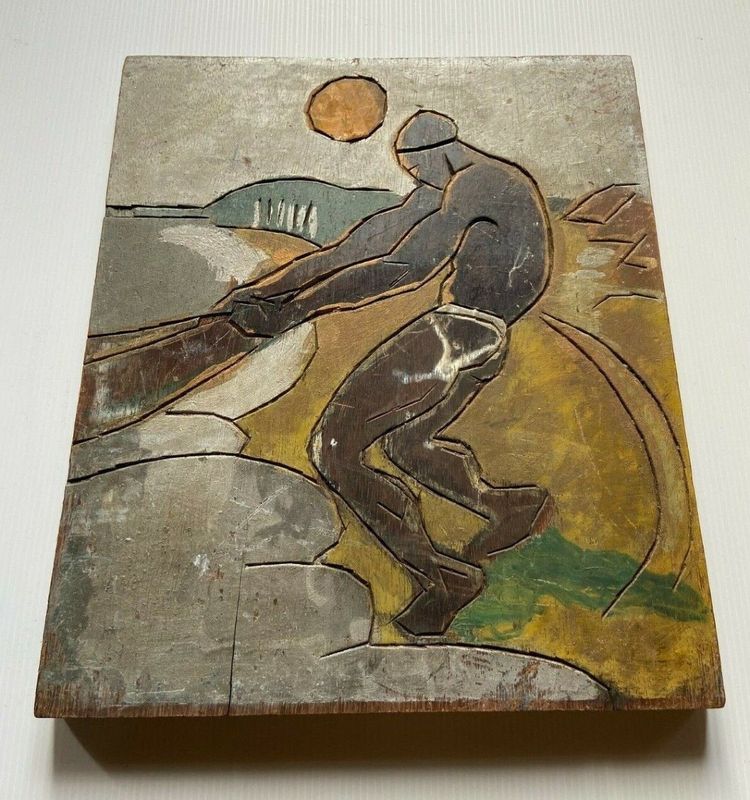 Afrikanischer Fischer zieht sein Kanu an der Spitze, 1930, polychromer Holzschnitt