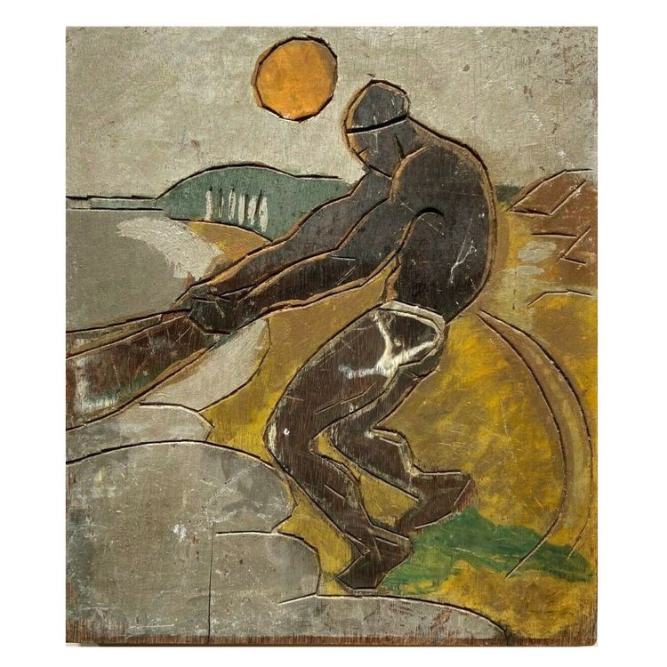 Afrikanischer Fischer zieht sein Kanu an der Spitze, 1930, polychromer Holzschnitt