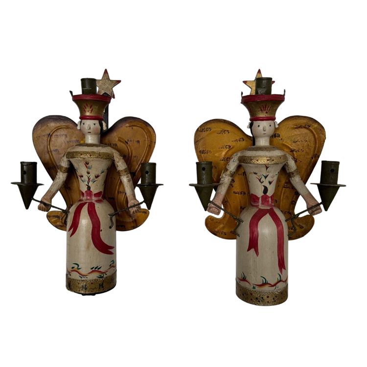 Coppia di applique in legno policromo su supporto in ferro battuto, 1950