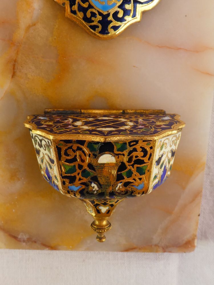 LARGE CRUCIFIX wall-mounted BENITIER in onyx and cloisonné gilt bronze 19th century