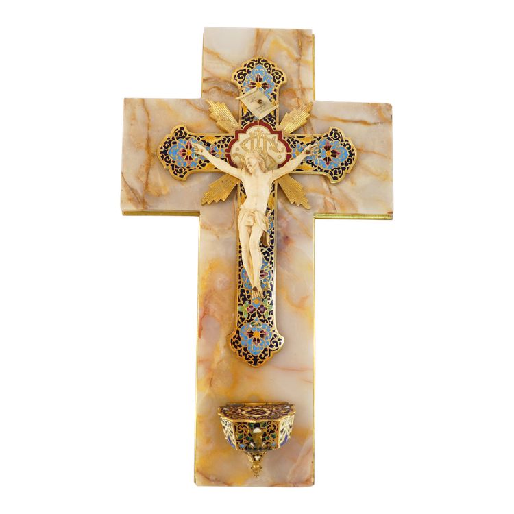 LARGE CRUCIFIX wall-mounted BENITIER in onyx and cloisonné gilt bronze 19th century
