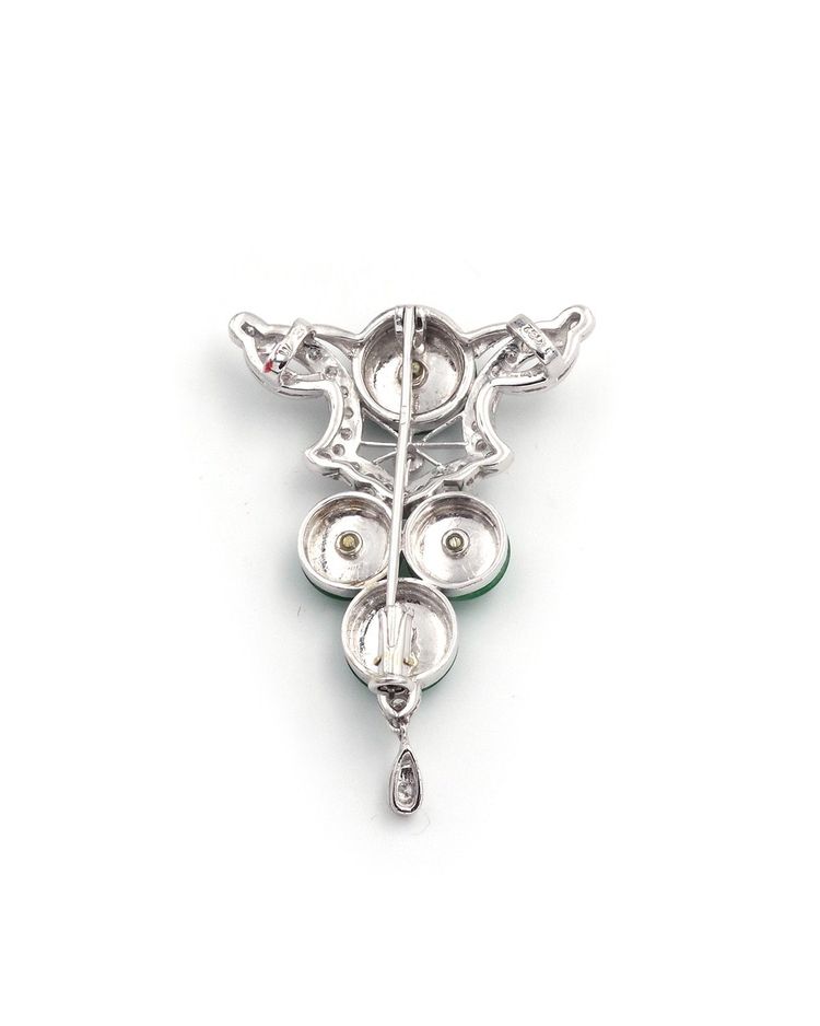 18 Karat Weißgold Jade Diamant Anhänger Brosche, Art Deco Stil, Transformation Schmuck