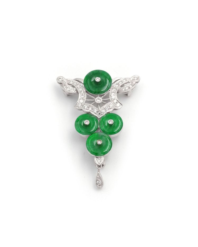 18 Karat Weißgold Jade Diamant Anhänger Brosche, Art Deco Stil, Transformation Schmuck