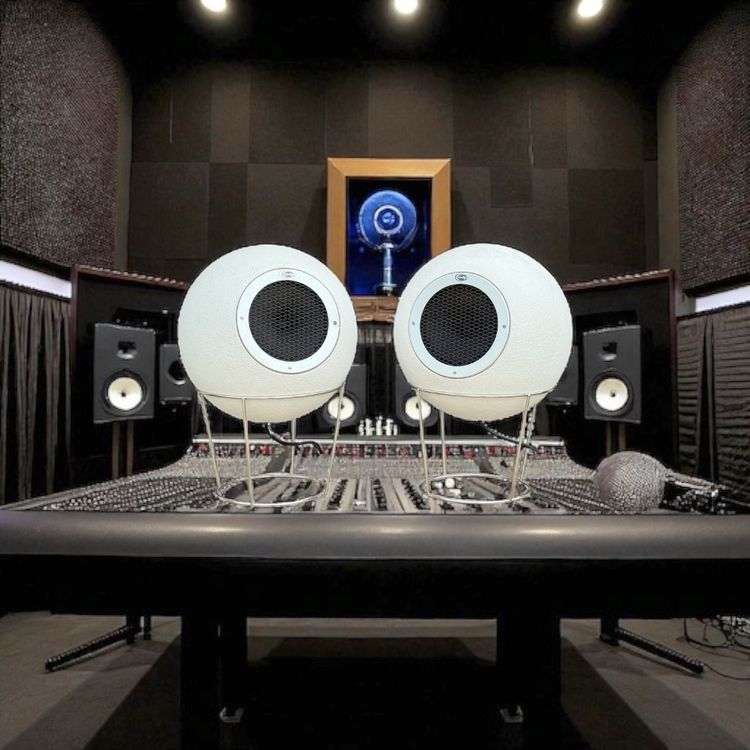Pair of Elipson AS40 speakers in white staff with metal stand from the 60s
