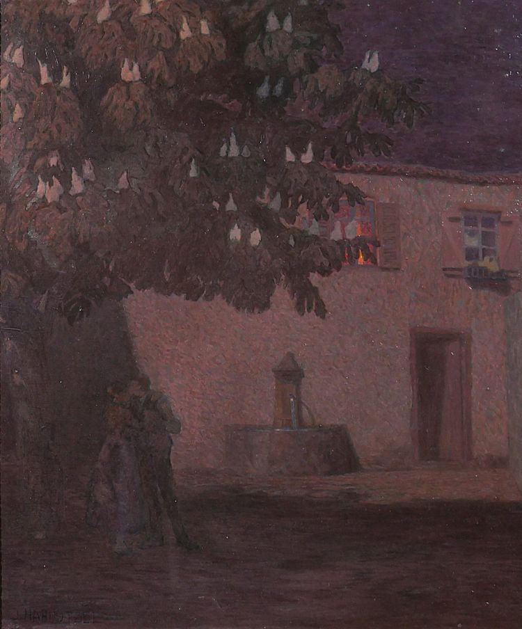 Jacques Hablützel 1868-1939 Le baiser nocturne, tableau, vers 1900, école de Nancy, Lorraine paysage