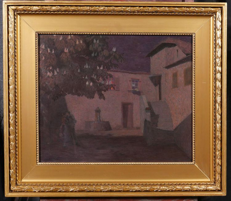 Jacques Hablützel 1868-1939 Le baiser nocturne, tableau, vers 1900, école de Nancy, Lorraine paysage