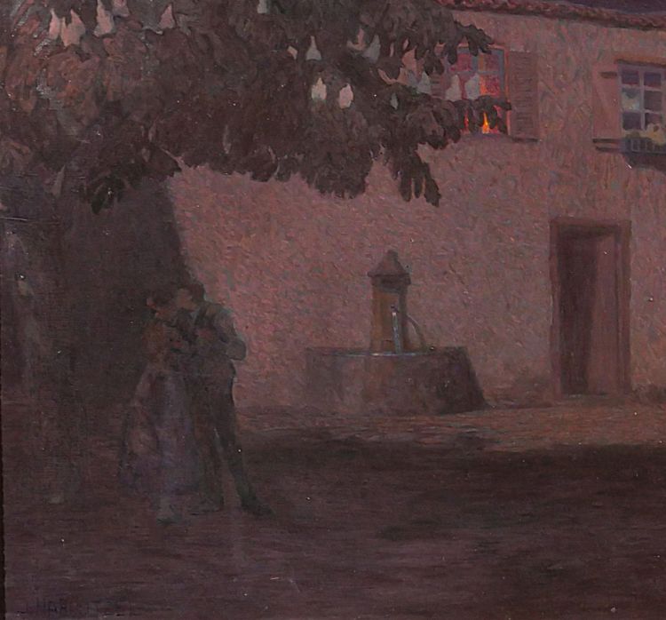 Jacques Hablützel 1868-1939 Le baiser nocturne, tableau, vers 1900, école de Nancy, Lorraine paysage