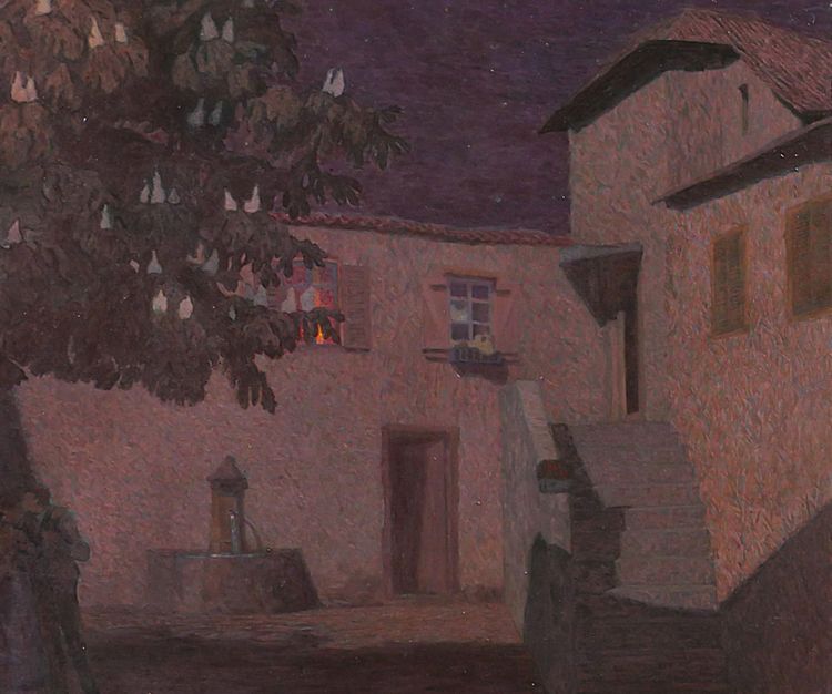 Jacques Hablützel 1868-1939 Le baiser nocturne, tableau, vers 1900, école de Nancy, Lorraine paysage