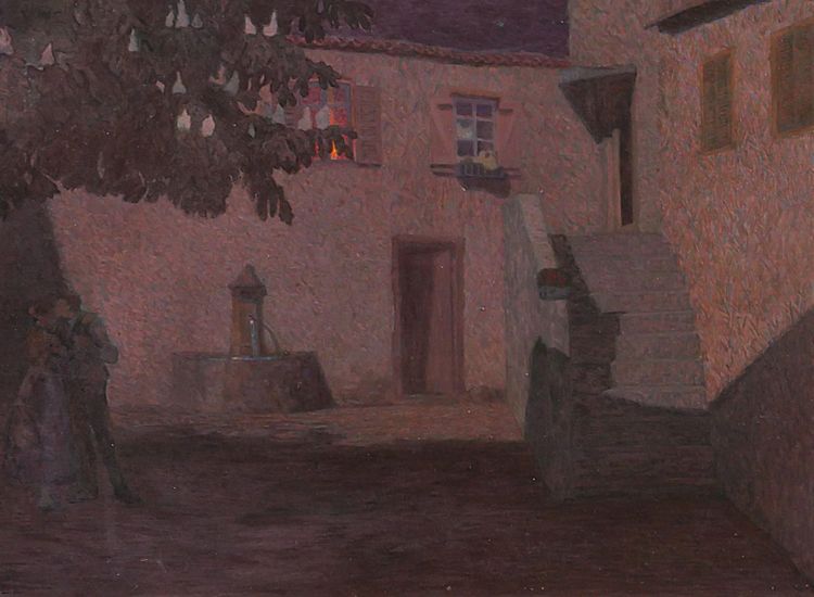 Jacques Hablützel 1868-1939 Le baiser nocturne, tableau, vers 1900, école de Nancy, Lorraine paysage