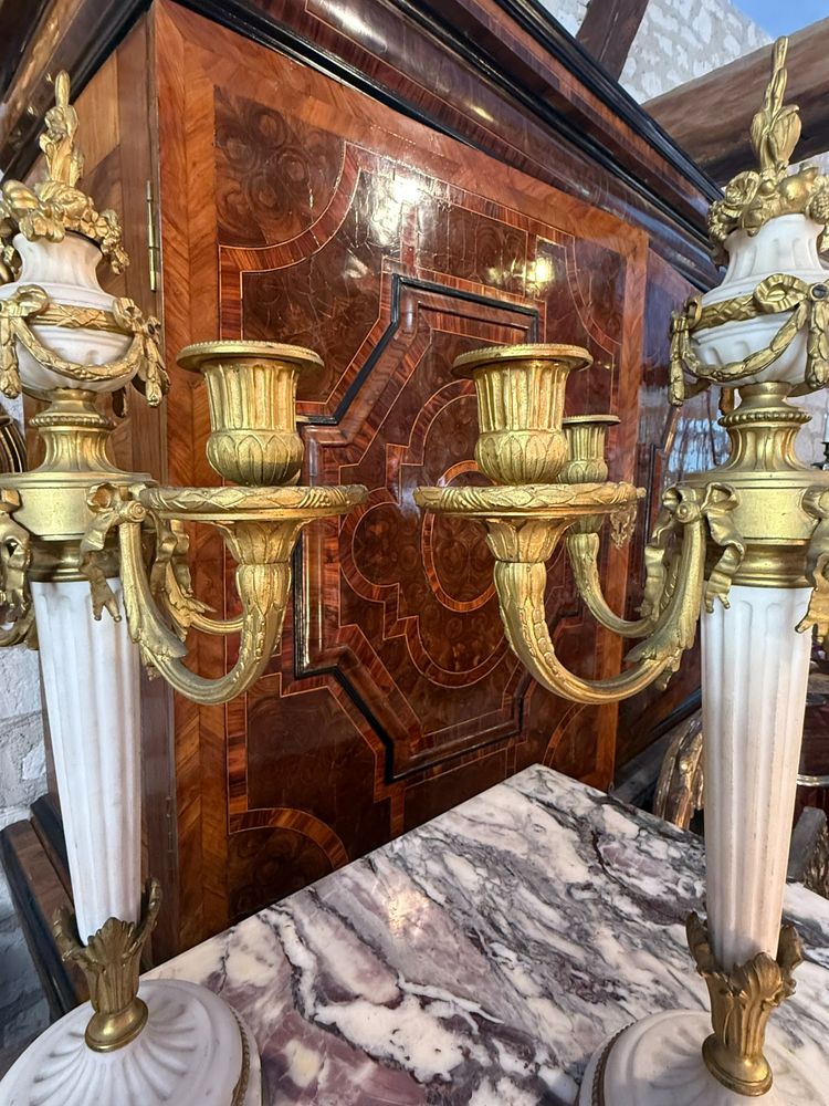 PAIR OF LOUIS XVI STYLE MARBLE AND BRONZE CANDELABRA