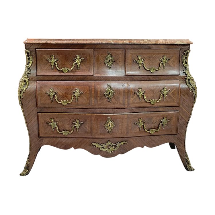 Magnifique Commode galbée style Louis XV en marquèterie de bois précieux