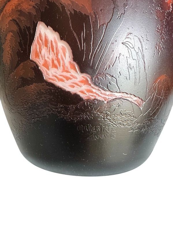 Muller Frères Grosse Jugendstilvase "Seenlandschaft Mit Berg"