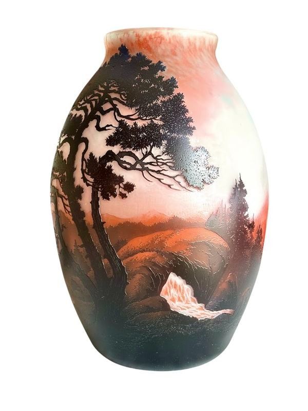 Muller Frères Grosse Jugendstilvase "Seenlandschaft Mit Berg"