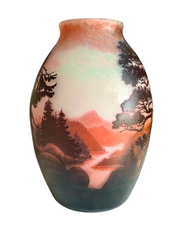 Muller Frères Grosse Jugendstilvase "Seenlandschaft Mit Berg"