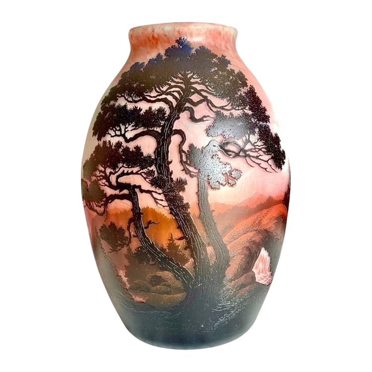 Muller Frères Grosse Jugendstilvase "Seenlandschaft Mit Berg"