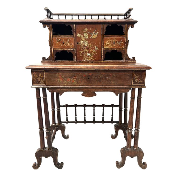 Bureau a gradins en bois décoré de pyrogravures XIX siècle