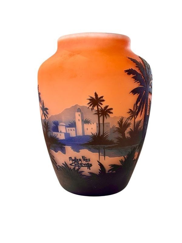Muller Frères Lunéville Jugendstil Vase "Orientalische Landschaft"