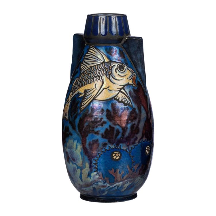 Jean Barol, Vase à la carpe et flore marine, Céramique