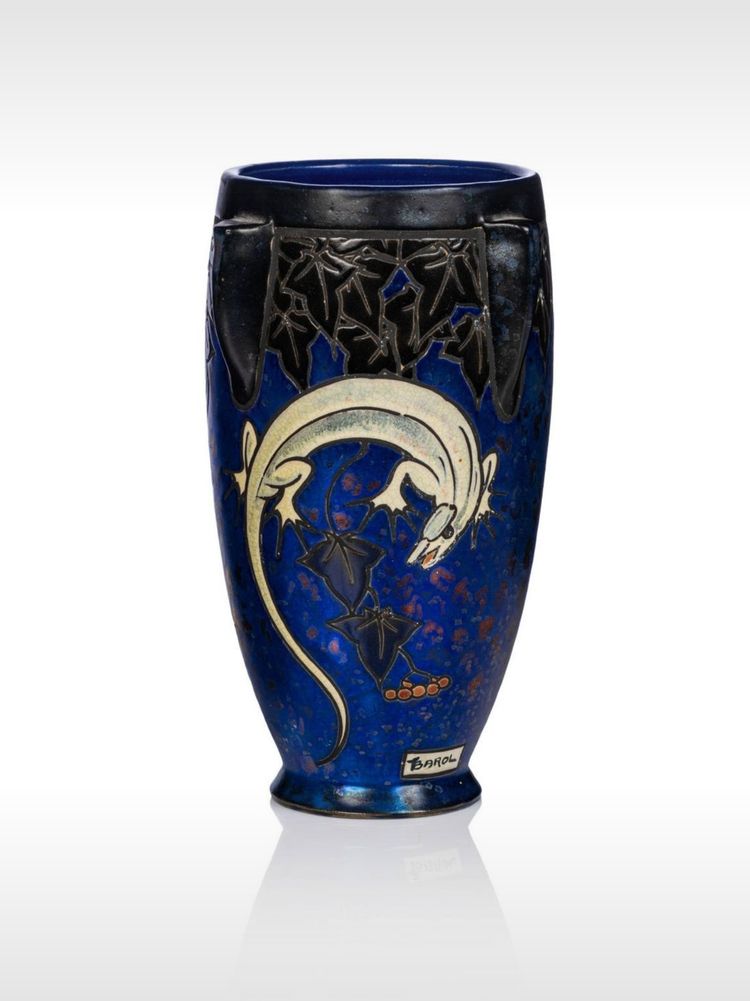 Jean Barol, Vase with lizard and ivy, Ceramic