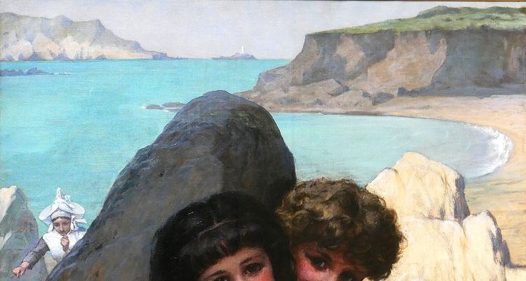 Pierre de Coninck 1828-1910 Bretagne, enfants jouant à cache-cache, grand tableau, Salon 1889