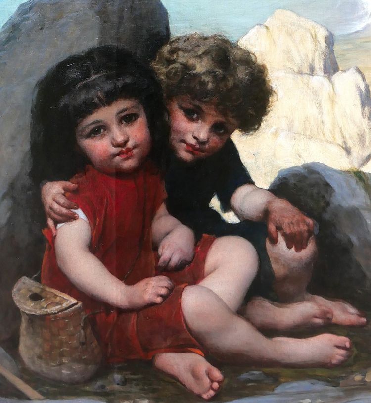 Pierre de Coninck 1828-1910 Bretagne, enfants jouant à cache-cache, grand tableau, Salon 1889