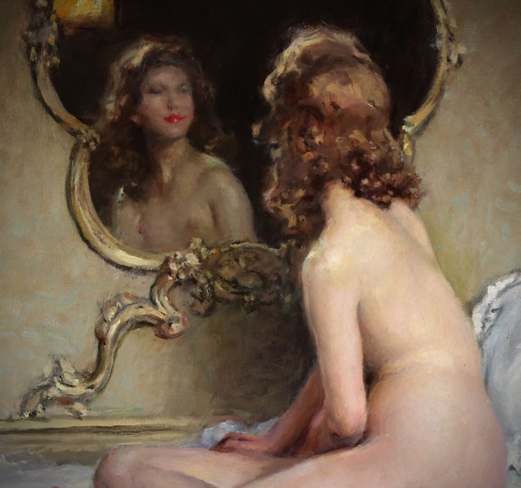 French Oil painting on Canvas, a reclining Nude 19Th